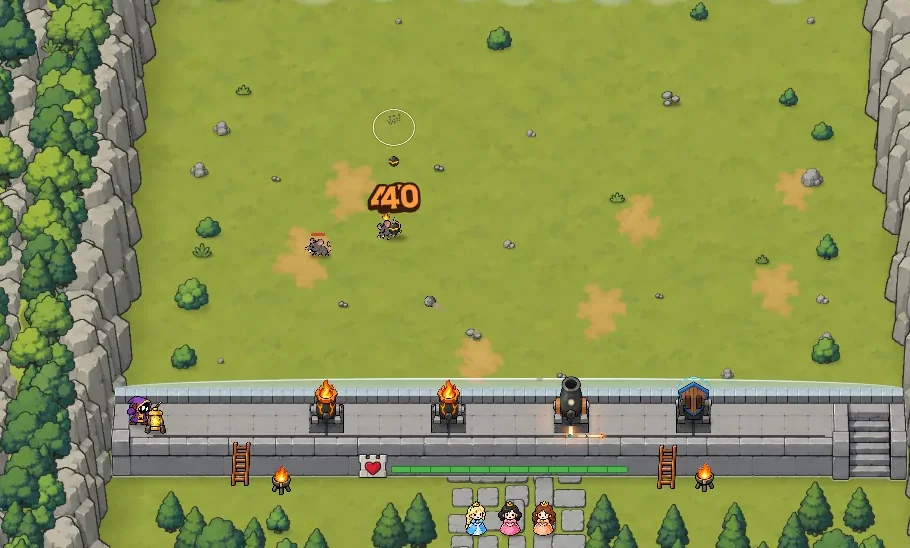 Early in a fight: the first enemies cross the field toward the wall