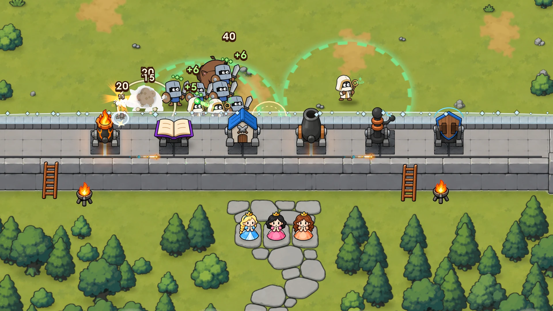 Sparkchain Siege in progress: knights and a boar charge a stone wall lined with towers while three princesses watch from below