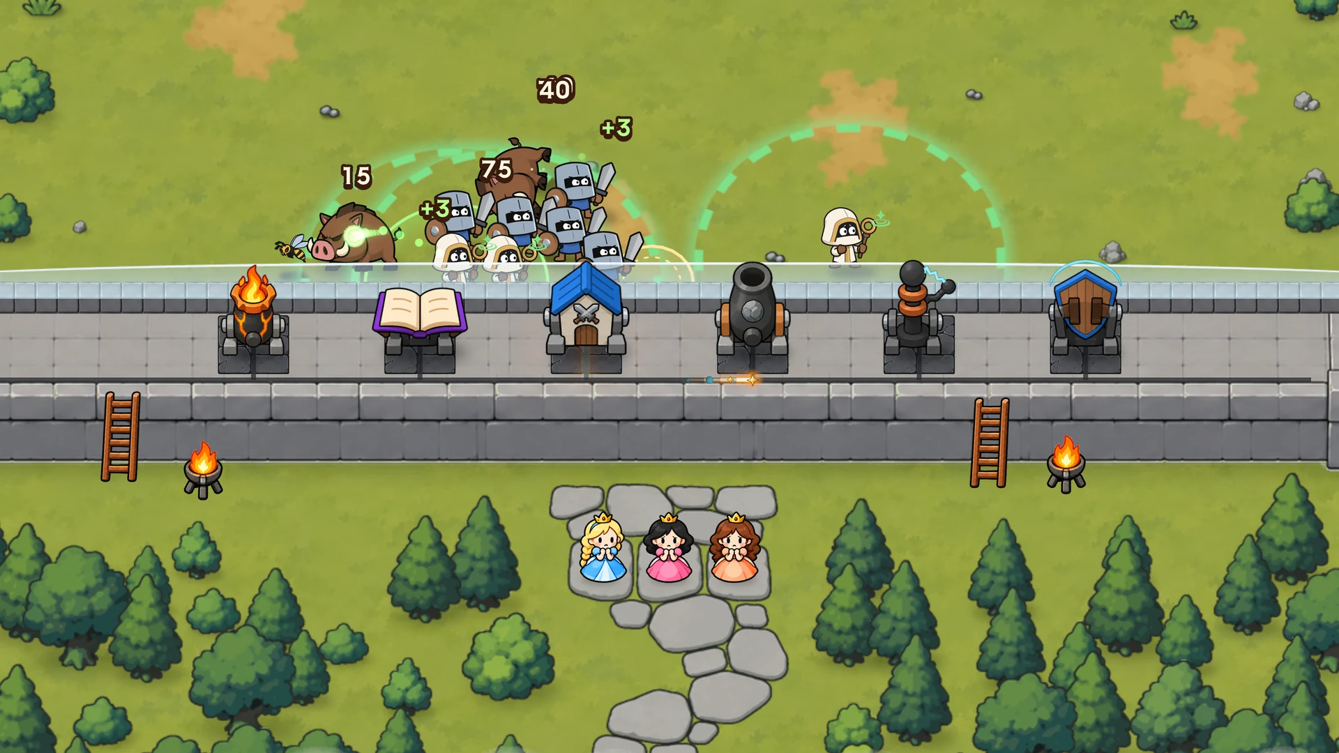A wave of knights reaches the wall as the towers open fire